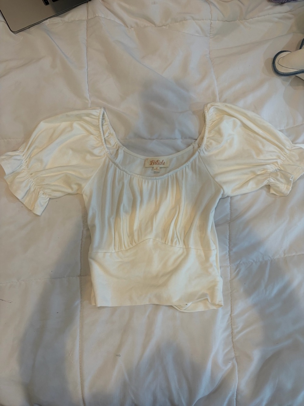 Listicle Cream Puff-Sleeve Cropped Top with Tie in the Back